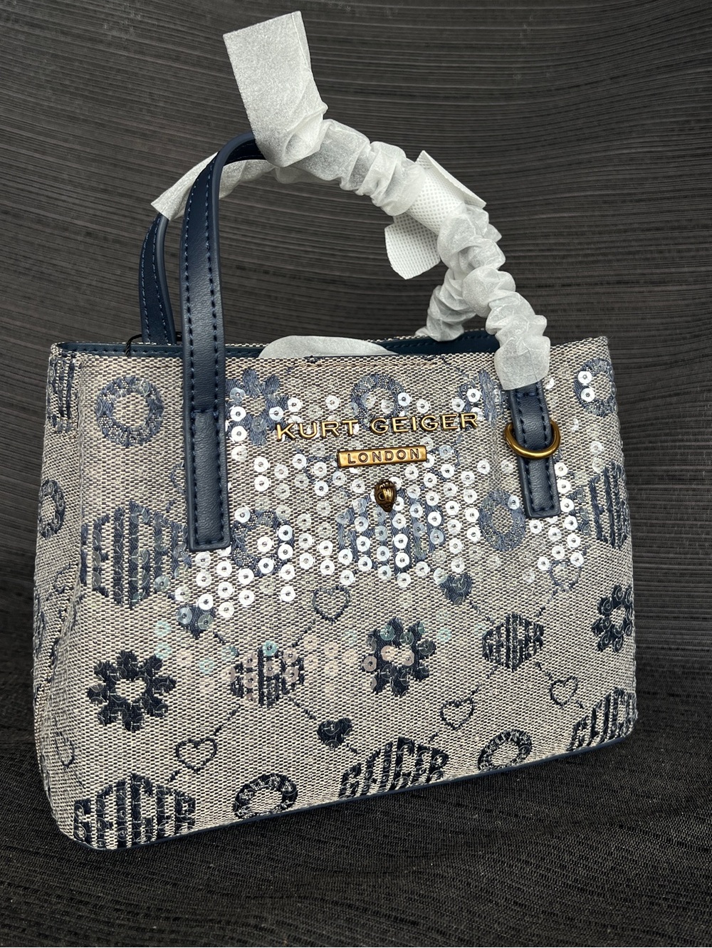 Kurt Geiger Hampstead Logo Mini Tote navy beige sequined canvas